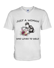 JUST A WOMAN WHO LOVES TO WELD V-Neck T-Shirt thumbnail