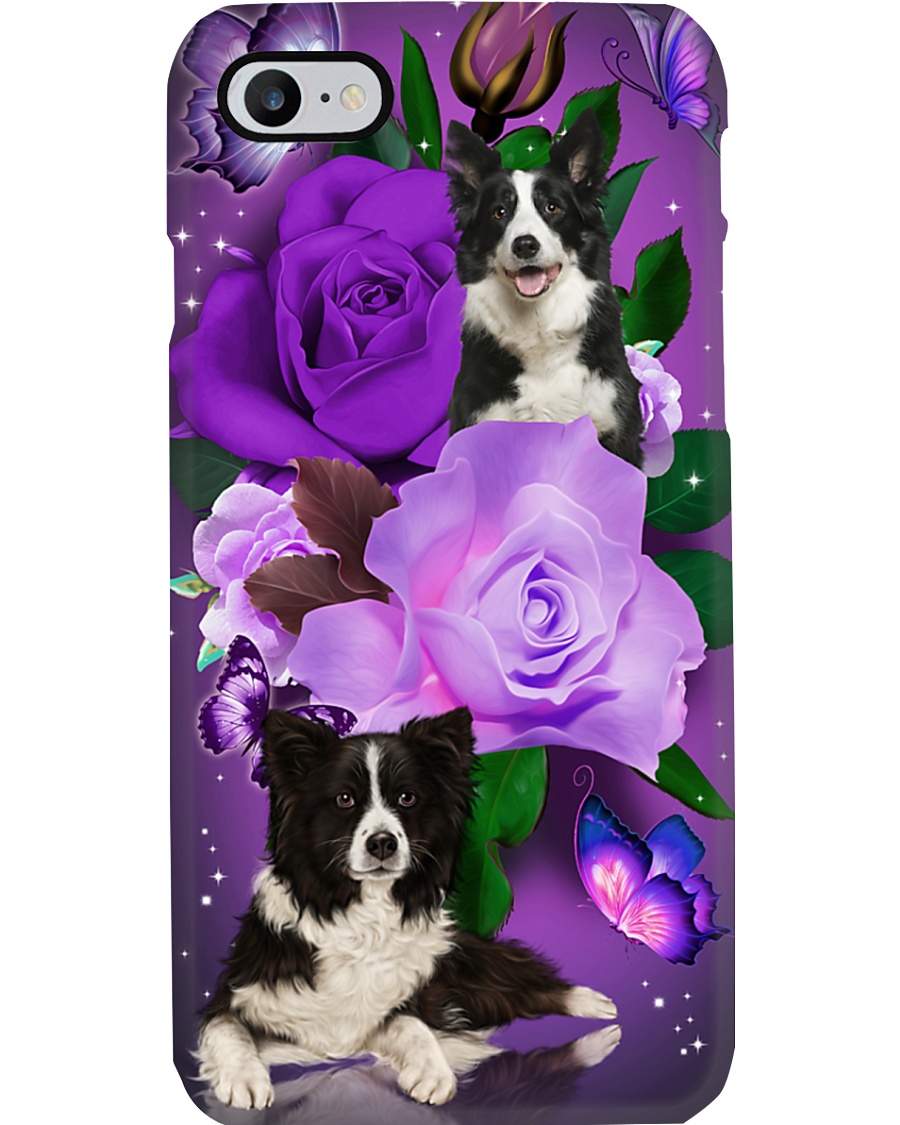 Dog - Black and White Border Collie Purple Rose Phone Case
