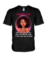 JANUARY GIRL - KNOWS MORE THAN SHE SAYS V-Neck T-Shirt thumbnail