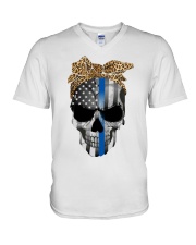 Leopard skull american flag shirt V-Neck T-Shirt tile