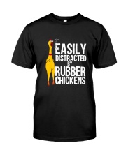 Chicken 77 Funny Easily Distracted Rubber Premium Fit Mens Tee tile