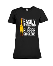 Chicken 77 Funny Easily Distracted Rubber Premium Fit Ladies Tee tile
