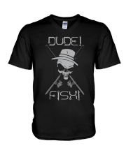 Dude Fish Skull Fishing Rod Design Silver Metal V-Neck T-Shirt tile