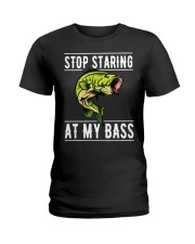 Mens Fishing Gift Men Stop Staring At My Bass Funny Fish Saying Ladies T-Shirt tile