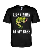 Mens Fishing Gift Men Stop Staring At My Bass Funny Fish Saying V-Neck T-Shirt tile