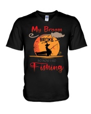 My Broom Broke So Now I Go Fishing Halloween Horror Gift 2021 Classic V-Neck T-Shirt tile