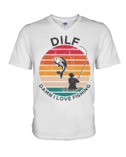 Dilf Damn I Love Fishing Angler Pun Funny Fishing V-Neck T-Shirt tile