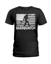 Bassquatch Funny Bigfoot Fisherman American Flag Fishing Ladies T-Shirt tile