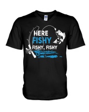 Here Fishy Funny Fishing Fishermen V-Neck T-Shirt tile