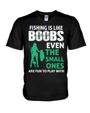 Fishing Is Like Boobs Even The Small Ones Are Fun To Play With Humor Fishing Girl Holding V-Neck T-Shirt tile