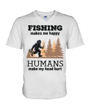 Fishing Make Me Happy Humans Make My Head Hurt Bigfoot Fisherman Gift V-Neck T-Shirt tile