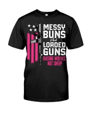 Messy Buns And Loaded Guns Raising Wolves Not Sheep Pink Gun Premium Fit Mens Tee tile