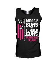 Messy Buns And Loaded Guns Raising Wolves Not Sheep Pink Gun Unisex Tank tile