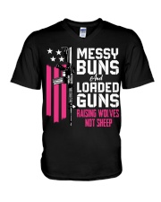 Messy Buns And Loaded Guns Raising Wolves Not Sheep Pink Gun V-Neck T-Shirt tile
