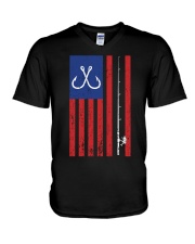 Bass Fishing Pole American Flag Color Vintage V-Neck T-Shirt tile