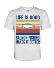Salmon Fishing Gifts Men Women Kids Fisherman Salmon V-Neck T-Shirt tile
