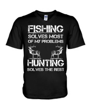 Fishing & Deer Hunting Solve Problems Funny V-Neck T-Shirt tile