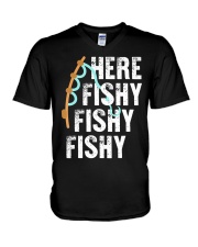 Here Fishy Fishy Lucky Fisherman Fishing Game V-Neck T-Shirt tile