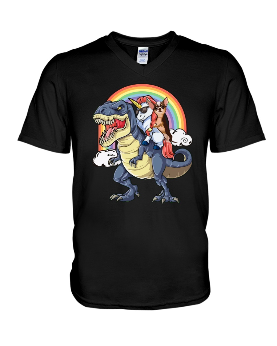 Unicorn And Chihuahua Riding A Dinosaur T-rex Shir V-Neck T-Shirt