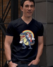 Unicorn And Chihuahua Riding A Dinosaur T-rex Shir V-Neck T-Shirt lifestyle-mens-vneck-front-2
