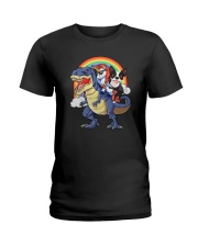 Unicorn And Boston Terrier Riding A Dinosaur T-rex Ladies T-Shirt thumbnail