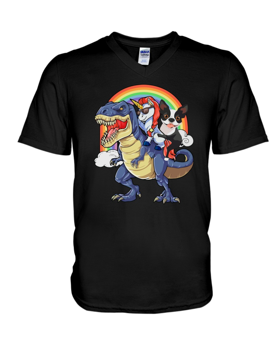 Unicorn And Boston Terrier Riding A Dinosaur T-rex V-Neck T-Shirt