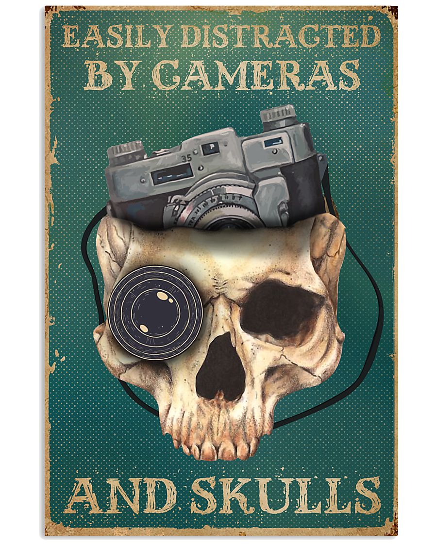 Retro Teal Easily Distracted By Cameras And Skulls 11x17 Poster