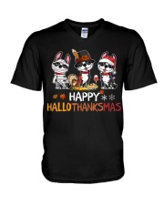Boston Terrier Happy HALLOTHANKSMAS V-Neck T-Shirt tile