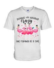 Driving my husband crazy one Flamingo at a time V-Neck T-Shirt tile
