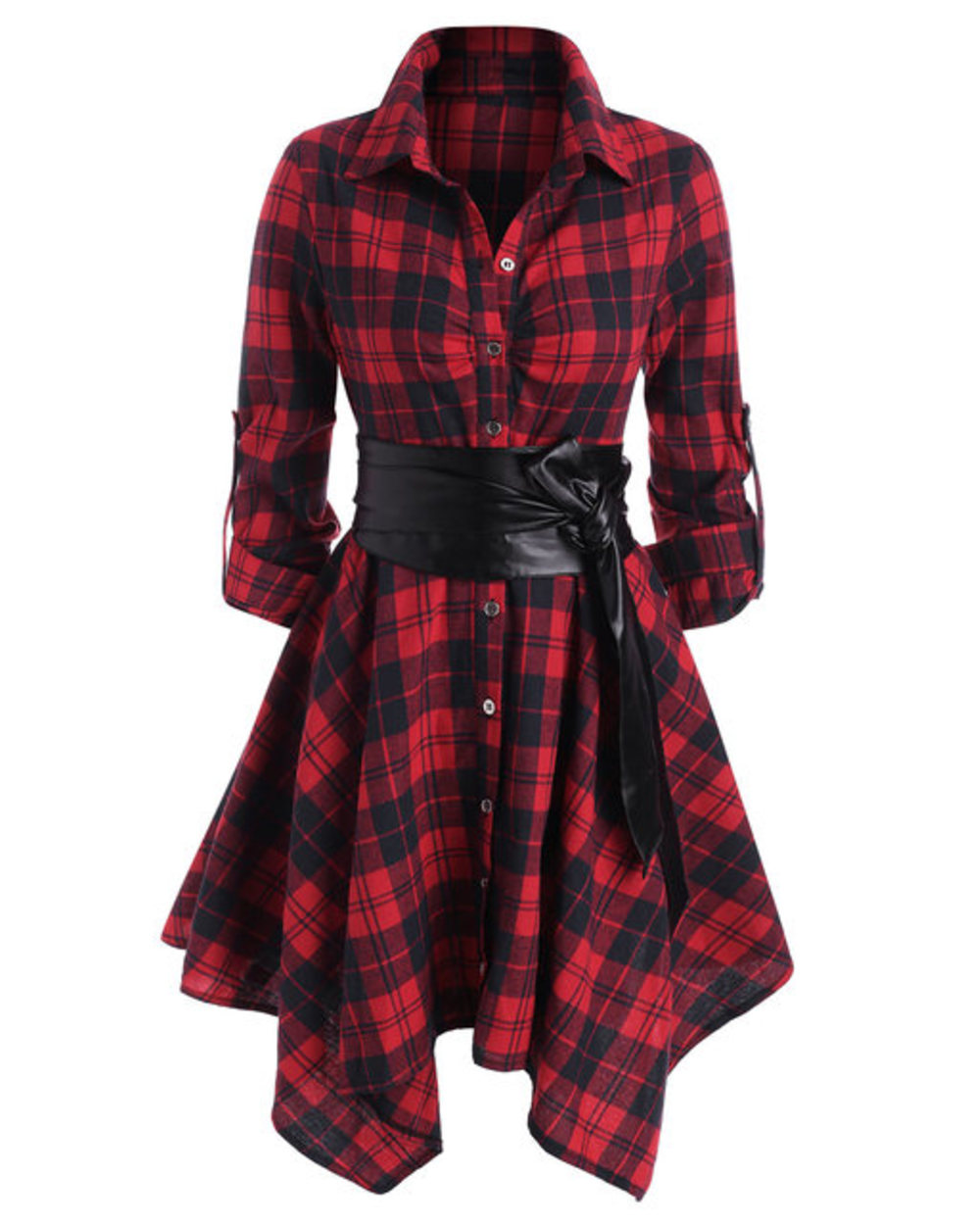 Casual Dress Red Plaid with Belt and Roll Tab Sleeve template