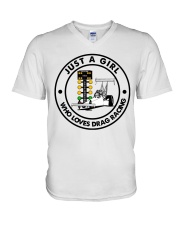 just a girl drag racing V-Neck T-Shirt tile
