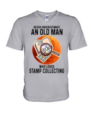 Stamp collecting old man V-Neck T-Shirt tile