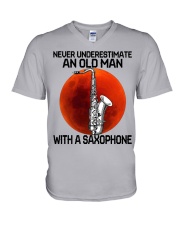 04 hat saxophone old man V-Neck T-Shirt tile