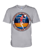 assuming-old lady handball V-Neck T-Shirt tile