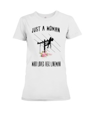 Just A Woman Who Loves Her Lineman Premium Fit Ladies Tee front
