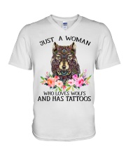 Just a woman who loves Wolfs and has tattoos V-Neck T-Shirt thumbnail
