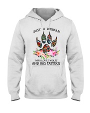 Just a woman who loves Wolfs and has tattoos Hooded Sweatshirt thumbnail