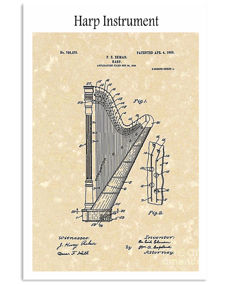 Harp Ekman Musical Instrument 1905 16x24 Poster