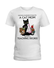 Never underestimate cat mom with a teaching degree Ladies T-Shirt tile