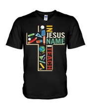 In jesus name i teach V-Neck T-Shirt tile